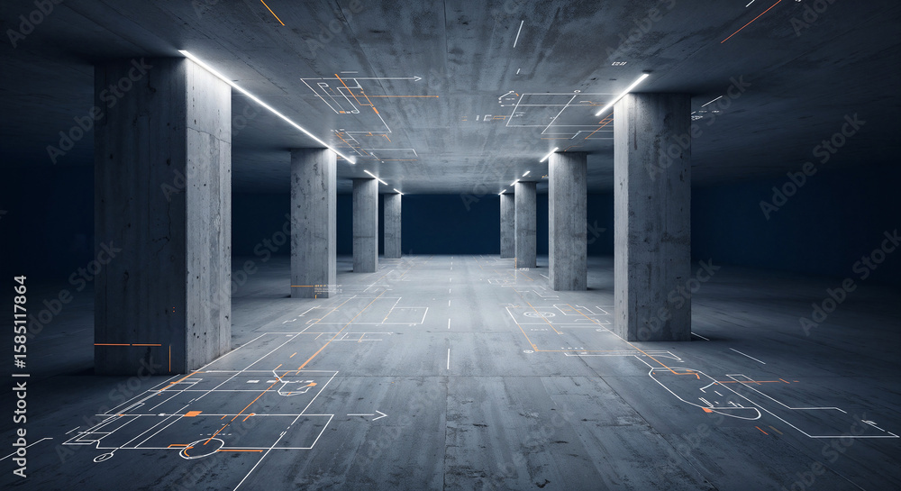 Poster architectural construction abstract background with concrete columns lines and callouts . generative