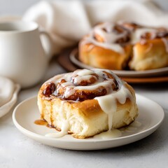 Freshly Baked Cinnamon Rolls with Creamy Icing on Plates – Close-Up of Sweet Pastry, Perfect for Breakfast, Brunch or Dessert