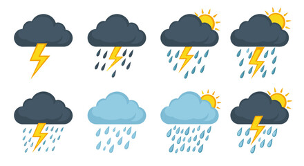 Obraz premium Weather icons set: stormy clouds, lightning, rain, and sun