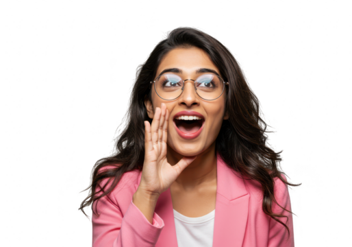A young indian woman in a pink blazer and glasses excitedly announces something with her hand cupped around her mouth isolated on transparent background