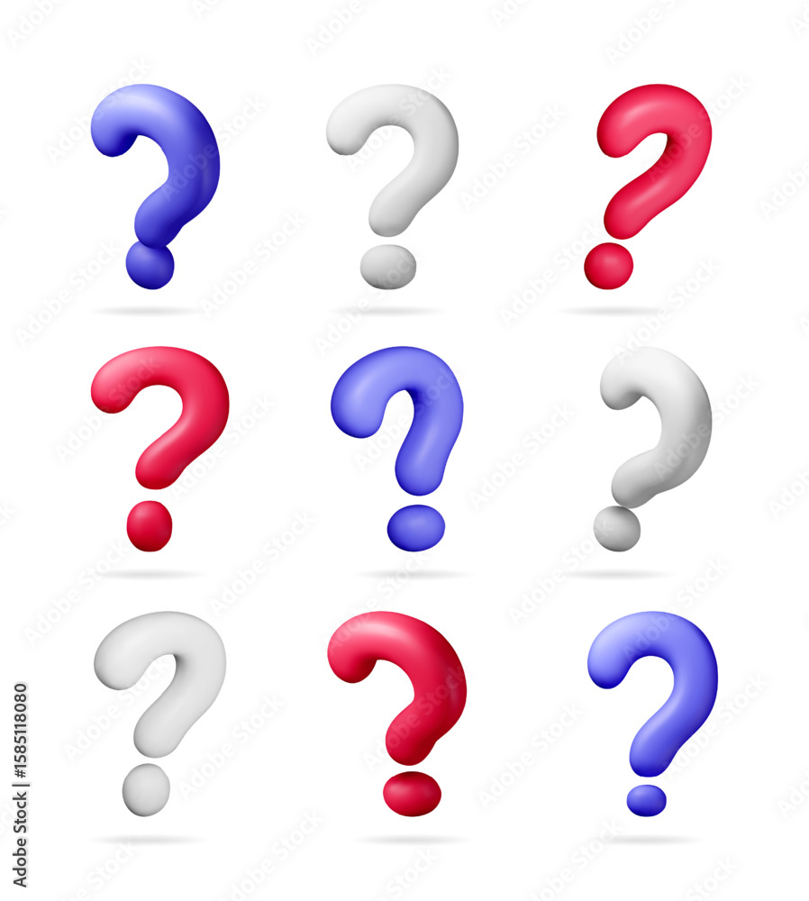 Poster collection of 3d question mark symbols in red, white and blue colors. faq, help, and problem solving
