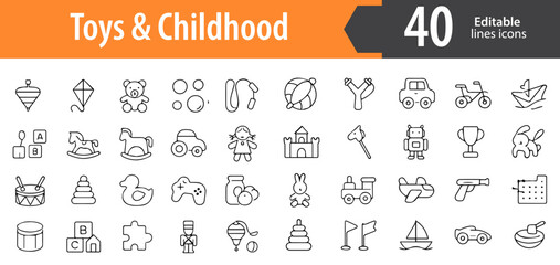 Toys and Childhood Line Icons, Teddy Bear, Building Blocks, Puzzle, Toy Car, Swing, Editable Formats: AI, EPS, PNG, Ideal for Both UI and Print Media Use
