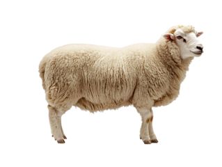 Woolly sheep with thick fleece coat standing sideways full body view isolated on transparent background