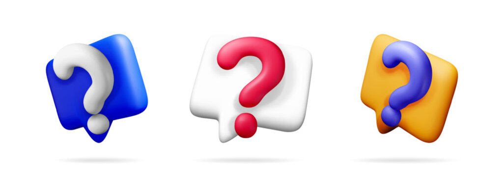 Collection of 3d chat bubbles with question marks. Vector graphic illustration for faq, helpdesk support, and online assistance concept.