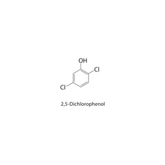 2,5-Dichlorophenol skeletal structure. halogen phenol compound schematic illustration. Simple diagram, chemical formula.