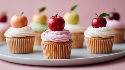 Gourmet cupcakes topped with apples on pastel background for dessert concept. Edible Gifts for Teachers. Concept of homemade gift treats