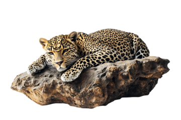 Leopard resting on rocky surface with intense gaze and spotted fur in natural alert position isolated on transparent background