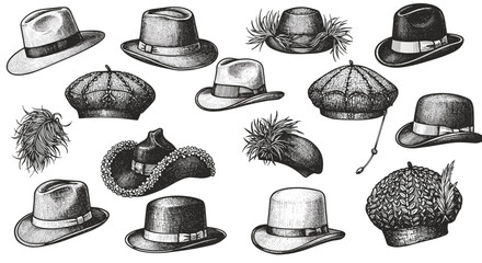 Vintage hat collection: intricate hand-drawn classic headwear designs