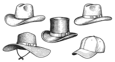 Hand drawn collection of various hats including cowboy, top, sun, and baseball caps