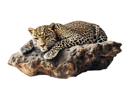 Leopard resting on rocky surface with intense gaze and spotted fur in natural alert position isolated on transparent background