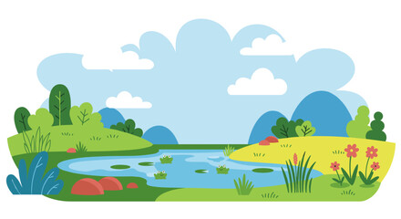 Obraz premium Vibrant flat design landscape with rolling hills, pond, and frogs in nature scene