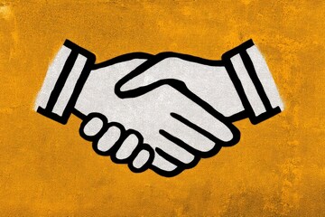 Obraz premium Dynamic visual representation of two hands engaged in a firm handshake symbolizing agreement trust cooperation and partnership displayed against a bold textured orange backdrop emphasizing