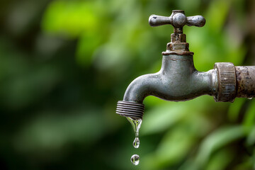Outdoor faucet dripping water with natural background