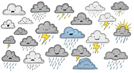 Cartoon weather elements: playful clouds with rain and lightning on white background