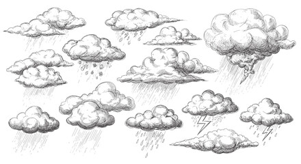 Fototapeta premium Hand drawn cloud collection with rain and lightning in vintage style