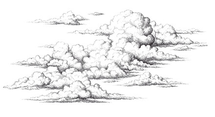 Detailed black and white stipple art of cumulus clouds against white background