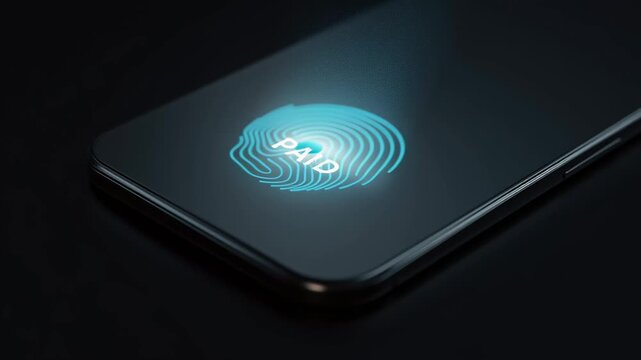 Fingerprint biometric payment smartphone screen glowing blue light, digital security technology confirms secure transaction with glowing paid button