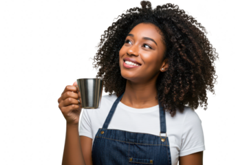 A young african american woman with curly hair smiles as she holds a coffee cup, isolated on a transparent background