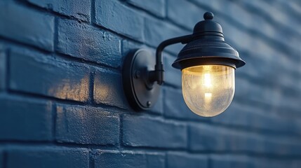 Elegant outdoor lighting fixture against a deep blue brick wall adds sophistication