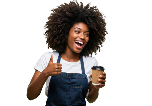 A happy african american woman with curly hair gives a thumbs up while holding a coffee cup, isolated on a transparent background