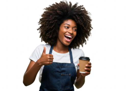 A happy african american woman with curly hair gives a thumbs up while holding a coffee cup, isolated on a transparent background