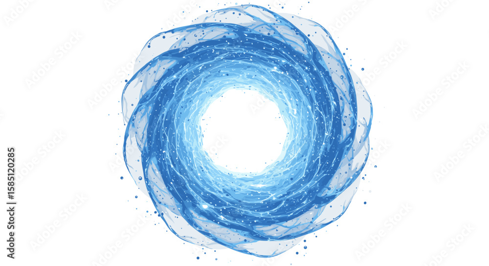 Poster blue swirling light vortex with dynamic particle effects on white background