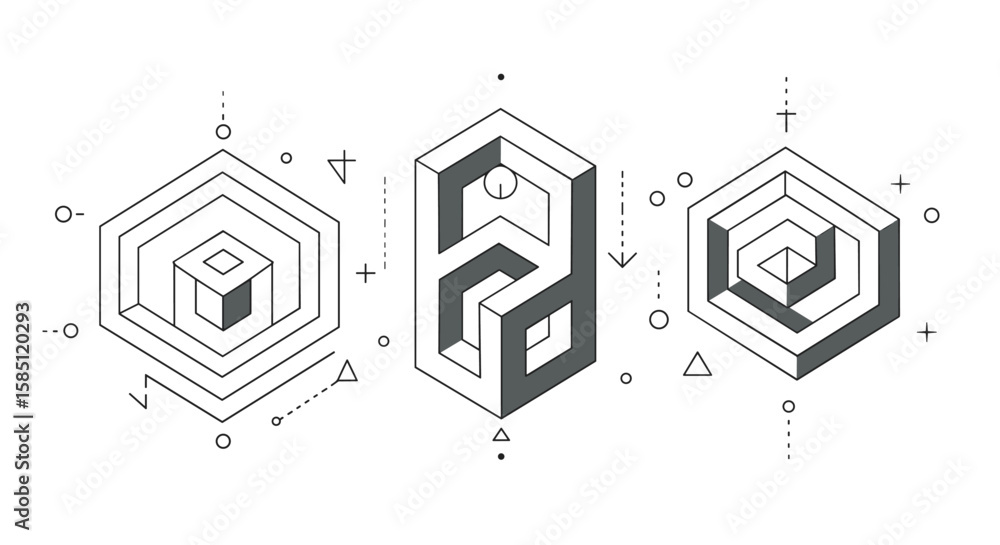 Poster abstract geometric shapes: hexagonal and isometric optical illusions in minimalist design