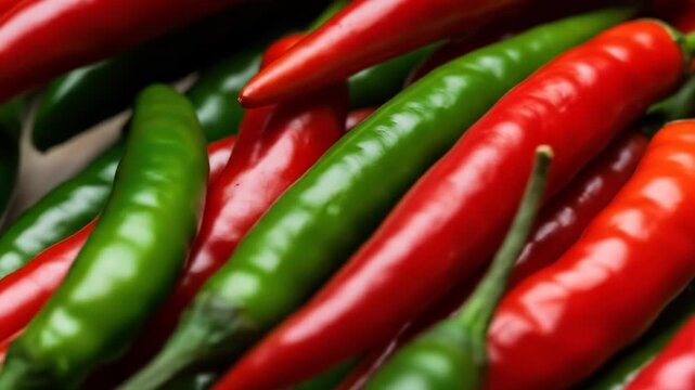 Vivid close-up of an array of red and green chili peppers