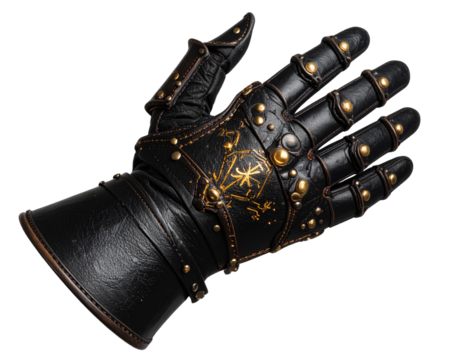 Sorcerer's glove with glowing inscriptions and magical sparks, isolated on a transparent background
