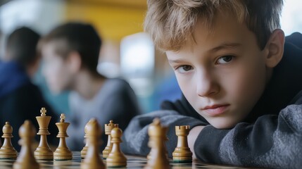 Young chess player contemplates his next move during a tense match