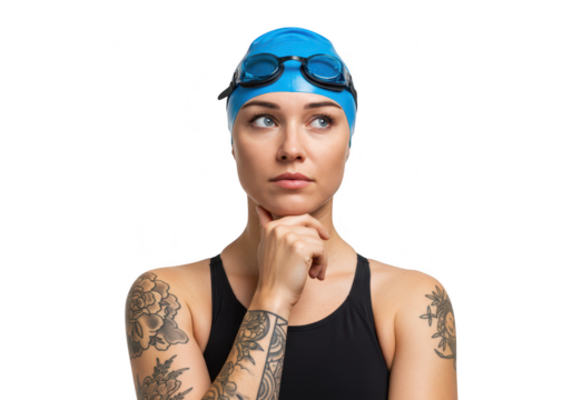 A pensive female swimmer with tattoos on her arms, wearing a blue cap and goggles, rests her chin on her hand, isolated on white isolated on transparent background