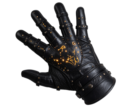 Sorcerer's glove with glowing inscriptions and magical sparks, isolated on a transparent background