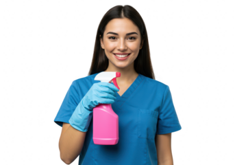 A cheerful young woman in blue scrubs and gloves holds a pink spray bottle, smiling confidently, isolated on a transparent background