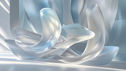 4K curved layered translucent shapes, frosted glass effect, clean white and grey tones with slight bluish tints, smooth overlapping shadows, airy and modern, elegant abstract style