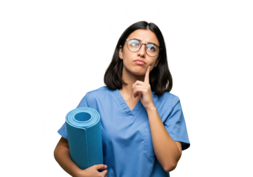A thoughtful young woman in blue scrubs and glasses holds a rolledup yoga mat, contemplating with her finger on her chin, isolated on white isolated on transparent background