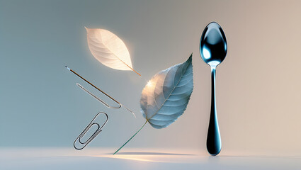 4K surreal abstract wallpaper with glowing backlit everyday objects (paperclip, leaf, pencil, spoon), soft shadows on neutral background, gentle rim light, minimal artistic surreal style