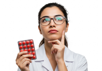 A pensive young woman in a white coat and glasses holds a blister pack of red pills, thinking deeply, isolated on a transparent background