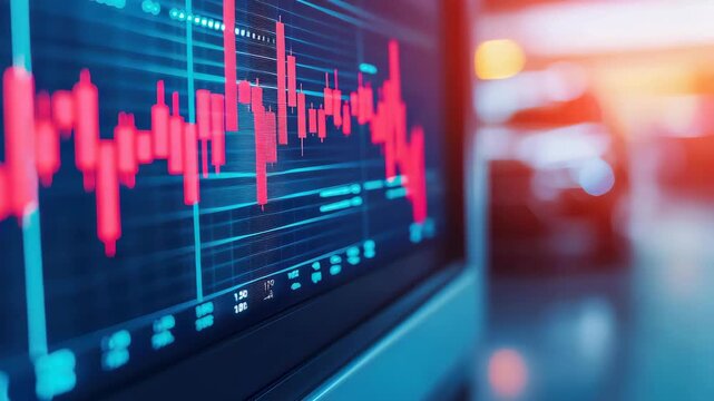 Stock market graph chart with red candlestick pattern digital screen showing financial data and trading activity and red financial chart displaying - Powered by Adobe