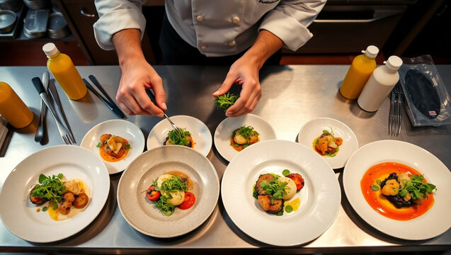 Overhead shot of a professional chef in a commercial kitchen meticulously arranging multiple gourmet dishes on a stainless steel prep table