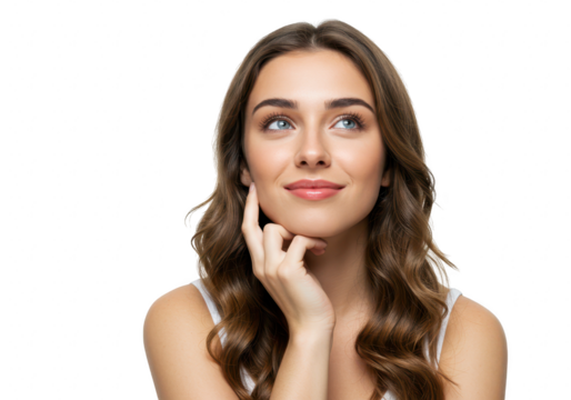 A young woman with wavy brown hair touches her chin thoughtfully, looking upwards with a gentle smile isolated on transparent background