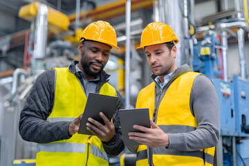 Two factory workers reviewing data on tablets while wearing safety gear in a manufacturing setting .