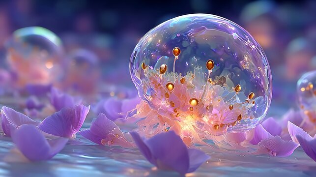 Surrealist pastel world with a floating glowing jelly orb covered in watchful soft glowing eyes