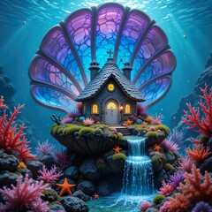 Obraz premium Fantastic underwater landscape with glowing shell houses and colorful coral gardens.