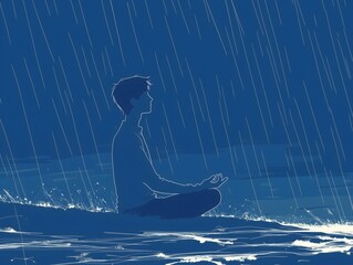 Silhouette of a person meditating in the rain, surrounded by water, with a calm and serene atmosphere, depicted in a minimalist illustration style with blue tones.