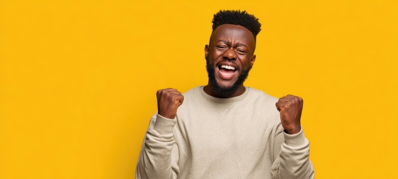 The joyful man celebrating success with enthusiasm against a bright background.