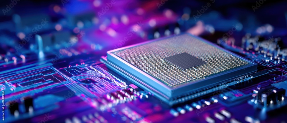 Poster the microchip on a colorful circuit board with futuristic design