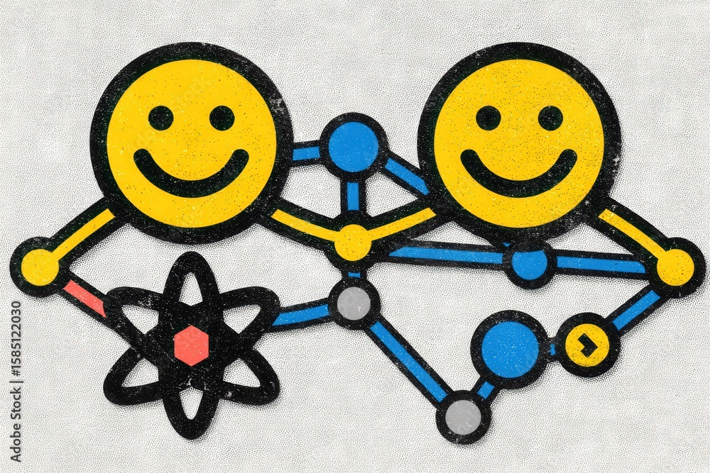 Poster happy faces connected by a playful network of colorful dots and lines symbolizing friendship collabo