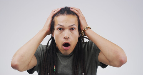 Shocked, man and amazed by announcement, portrait or reaction to gossip, rumor and white...