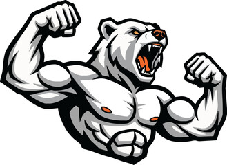 A muscular polar bear flexing its arms, roaring with aggression and strength.