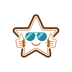 Cool star icon with sunglasses and thumbs up in flat cartoon vector style